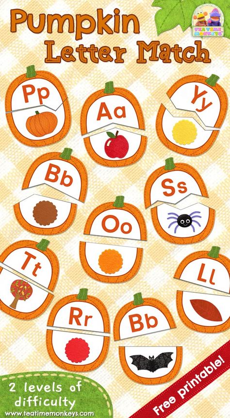 Help your child learn beginning letter sounds and autumn-fall related words with this free pumpkin beginning letter sounds matching game! Includes ten words and two levels of difficulty. Pumpkin Literacy, Letter Sound Games, Letter Matching Game, Beginning Letter Sounds, Alphabet Letter Activities, Letter Sound Activities, Literacy Activities Preschool, Pumpkin Activities, Fall Lessons