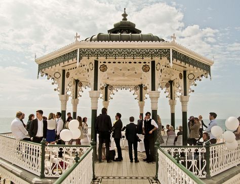 Brighton Bandstand as people start to arrive for the wedding. Brighton Wedding, White Gazebo, Romantic Couple Kissing, Informal Weddings, 1920s Wedding, Brighton Uk, Garden Gazebo, Wedding Reception Venues, Inspiring Images