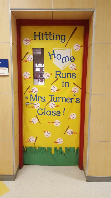 Baseball themed classroom door Sports Themed Door Decorations, Baseball Classroom Door Ideas, Sport Theme Classroom Door, Sport Themed Classroom Ideas, Classroom Door Sports Theme, Baseball Theme Classroom Door, Baseball Themed Classroom Doors, Sports Themed Classroom Door Designs, Baseball Testing Theme