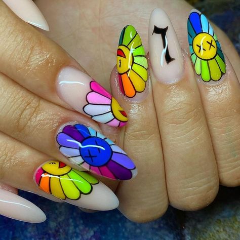 Murakami Flower Nails, Takashi Murakami Nails, Murakami Nails, Animated Clothes, Murakami Flower, Hello Nails, Nail It, Liner Brush, School Nails