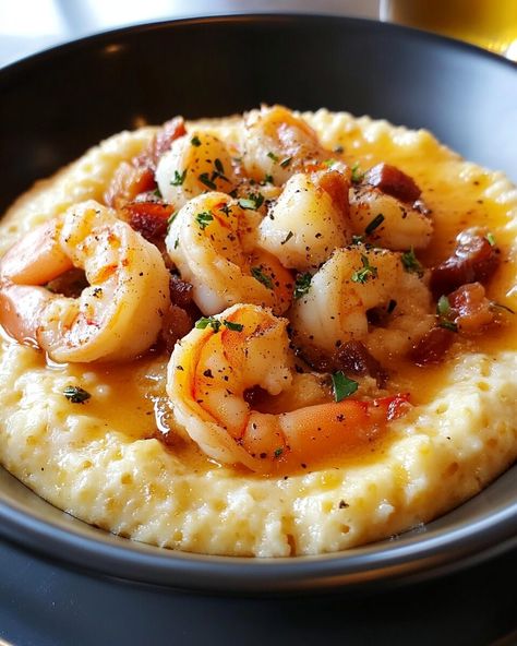 Shrimp and Grits - Recipe Amelia Gravy For Shrimp And Grits, Slow Cooker Shrimp And Grits, Grits And Shrimp Recipes, Shrimp And Grits Recipe Easy, Pappadeaux Shrimp And Grits Recipe, Shrimp And Grits Recipe Southern, Grits Recipe Breakfast, Amish Meals, Creamy Shrimp And Grits