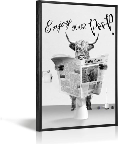 [Perfect Size]16 x 12 inches. The playful and cute cow canvas wall art is good ideal for your bathroom or restroom decor. It creates a warm atmosphere for you to enjoy your bath or toilet time. Restroom Decoration, Highland Cow Bathroom, Cow Bathroom, Cow Sitting, Newspaper Painting, Funny Highland Cow, Reading Newspaper, Bathroom Artwork, Cow Wall Art