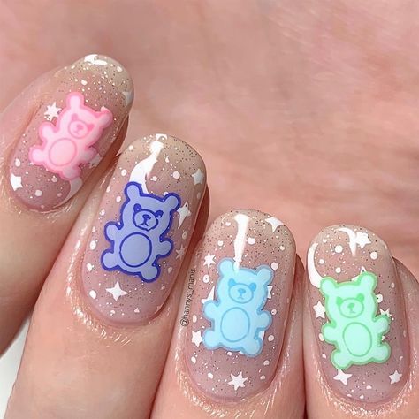 Rainbow bear nails using using my collab stamping plate with @hellomaniology AVAILABLE TOMORROW! 🌈🐻 I used @essie “Gossamer Garments”,… Gummy Bear Nail Art, Gummy Bear Nails, Kid Nails, Bear Nails, Halloween Nails Design, Kids Nail Designs, Girls Nail Designs, Artist Collaboration, Halloween Nails Easy