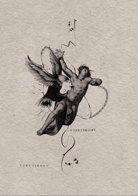 Eurydice And Orpheus Tattoo, Prometheus Tattoo Design, Prometheus Fire Tattoo, Prometheus Drawing, Tattoo Ideas Mythology, Prometheus Tattoo Greek, Prometheus Tattoo, Icarus Concept Tattoo, Greek Tattoo Ideas Mythology