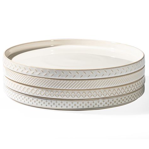 PRICES MAY VARY. Elegant Embossed Pattern and Farmhouse Style: The Mikigey dinner plate set of 4 features a beautifully embossed design, providing a touch of sophistication that enhances any dining experience, These delightful details add a charming and cozy farmhouse touch to your kitchen decor, making your dinner all the more enjoyable. Versatile Dinnerware Sets: Perfect for a variety of meals, this plate set can be used for everything from main courses to salads, accommodating your dining nee Ceramic Dinnerware Sets, Kitchen Dish Set, Dinner Plates Sets Dinnerware, Mid Century Modern Plates, Textured Plates, Fall Plates, Dish Aesthetic, Plates For Kitchen, Cute Dishes