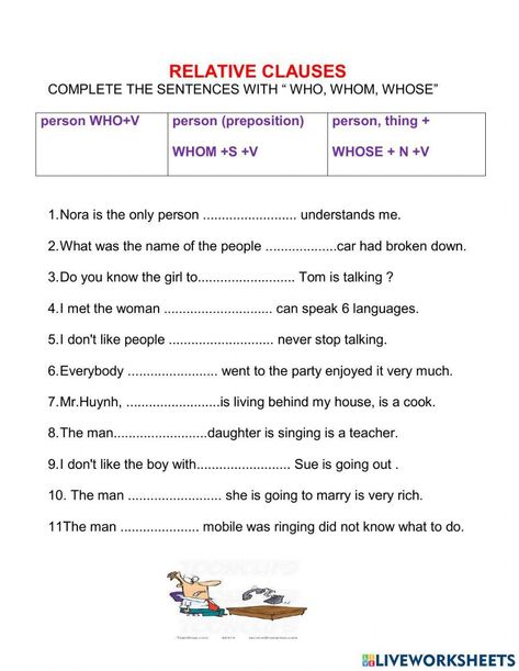 Relative clause Who, whom, whose Whose Worksheet, Relative Clauses, English Grammar Worksheets, Grammar Worksheets, Second Language, Stop Talking, School Subjects, English Grammar, English Lessons