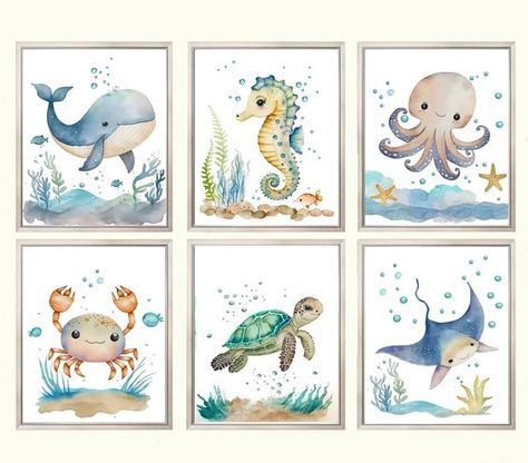 Set of 6 Baby Animals, PRINTABLE WALL ART, Boy Nursery Decor, Watercolor, Sea Nursery Decor, Ocean Nursery Decor, Boy Room Wall Decoration Sea Animal Nursery, Ocean Nursery Decor, Ocean Themed Nursery, Colorful Canvas Art, Mom Aesthetic, Sea Nursery, Turtle Wall Art, 동화 삽화, Ocean Nursery