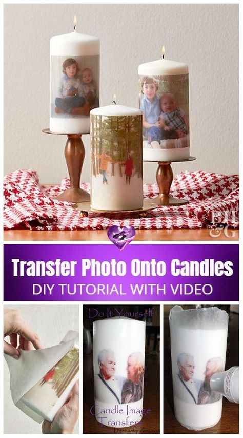 How to Transfer Photo Onto Candles DIY Tutorial Candle Image Transfer, Candle Transfer, Personalized Candles Diy, Diy Photo Candles, Water Candles Diy, Diy Candles Easy, Homemade Scented Candles, Candle Images, Making Candles Diy