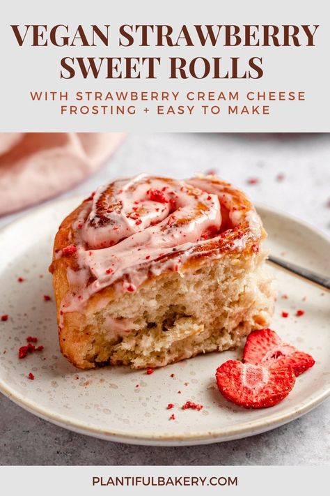 Vegan Strawberry Sweet Rolls stuffed with gooey strawberry filling and topped with sweet vegan strawberry cream cheese frosting. They are soft, fluffy, buttery, and easy to make. Dairy-free, egg-free. #easystrawberrysweetrolls #strawberrysweetrollsrecipe #strawberrysweetrollswithcreamcheeseicing #veganstrawberrysweetrolls #homemadesrawberrysweetrolls #strawberrysweetrollsdelish #veganstrawberrydessertrecipes #veganstrawberrydessertdairyfree Vegan Strawberry Cream Cheese, Strawberry Sweet Rolls, Faerie Witch, Vegetable Meals, Baking Vegan, Beautiful Baking, Witch Kitchen, Strawberry Cream Cheese Frosting, Vegan Pastries