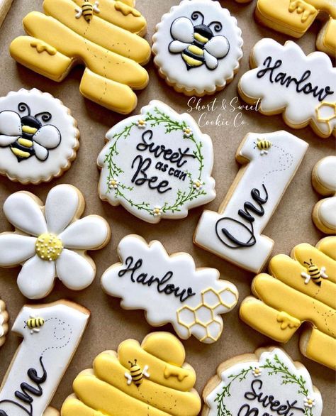 Bee First Birthday, Bee Birthday Theme, Bee Themed Birthday Party, Sweet As Can Bee, First Birthday Cookies, Bumble Bee Birthday, Bee Cookies, 1st Birthday Party For Girls, Bee Birthday Party