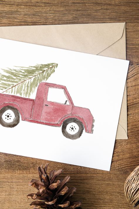 This simple watercolor Christmas card features a cute image of a red antique pickup truck with a Christmas tree in the back. Perfect for sending to those you love this holiday season! The details: -Card measures 4 x 5.5 inches -White envelope included -Blank inside for personal message Truck With Christmas Tree Drawing, Red Truck Christmas Painting, Christmas Cards Handmade Watercolor, Country Christmas Cards, Truck Watercolor, Red Truck Christmas Tree, Elegant Christmas Cards, Christmas Tree Drawing, Tree Doodle