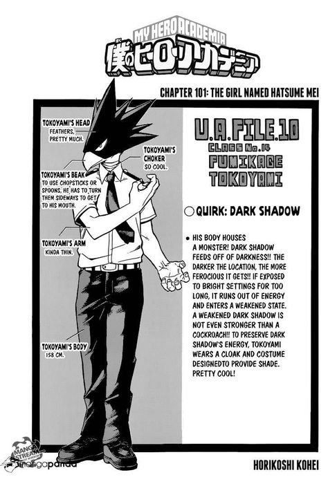 Tokoyami Fumikage’s character sheet from the Boku no Hero Academia Manga (Ch 101) Tokoyami Boku No Hero, Tokoyami Fumikage, Boku No Academia, Bakugo Katsuki, Class 1 A, Character Profile, Hero Costumes, My Hero Academia Memes, Character Sheet