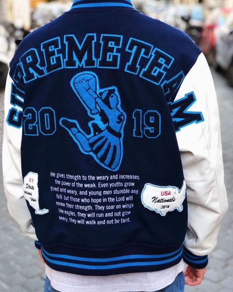 StockX Streetwear on Instagram: “Supreme Team🏈 📷: @jack_cinti” Supreme Varsity Jacket, Varsity Jacket, Nba, Street Wear, Blazer, Sweatshirts, On Instagram, Instagram