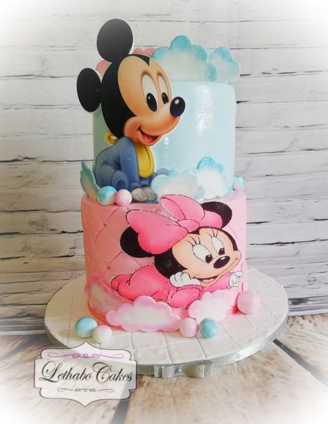 Baby 1st Birthday Cake, Minnie Baby Shower, Baby Reveal Cakes, Mickey Mouse Birthday Decorations, Mickey And Minnie Cake, Gender Reveal Baby Shower Themes, Minnie Mouse Birthday Cakes, Butterfly Birthday Cakes, Mickey Cakes