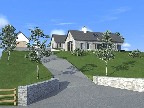 <p>This dwelling is a single storey dwelling, Articulated into different elements in order to reduce the scale of the proposal.</p> <p>The dwelling design uses traditional render, and stonework, which will be constructed in dry-stone walls in order to provide a variation in the masonry materials used on the dwelling.</p> <p><span style= Exterior Cottage, Glass Hallway, Irish House Plans, House Plans Ireland, House Designs Ireland, Bungalow Extensions, Home Extensions, Boundary Wall, Bungalow Renovation