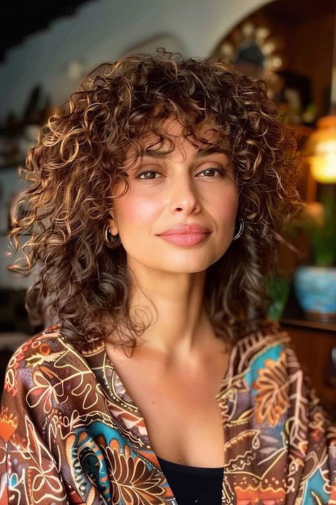 The Best Curly Haircuts with Bangs 1960s Curly Hairstyles, 2c Curly Hair With Bangs, Bangs Black Women Curly, 3b Curly Hair With Bangs, Layered Curly Haircuts Natural Curls With Bangs, Shoulder Curly Haircuts, Curly Bangs Black Women, Curly Bangs Updo, Fringe Bangs Curly Hair