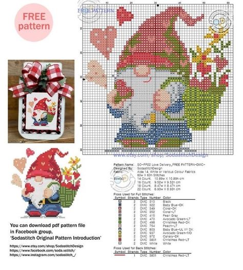 Gnome Stocking, Free Cross Stitch Charts, Cross Stitch Freebies, Cross Stitch Kitchen, Cat Cross Stitch Pattern, Cross Stitch Love, Gnome Patterns, Cross Stitch Cards, Diy Cross Stitch