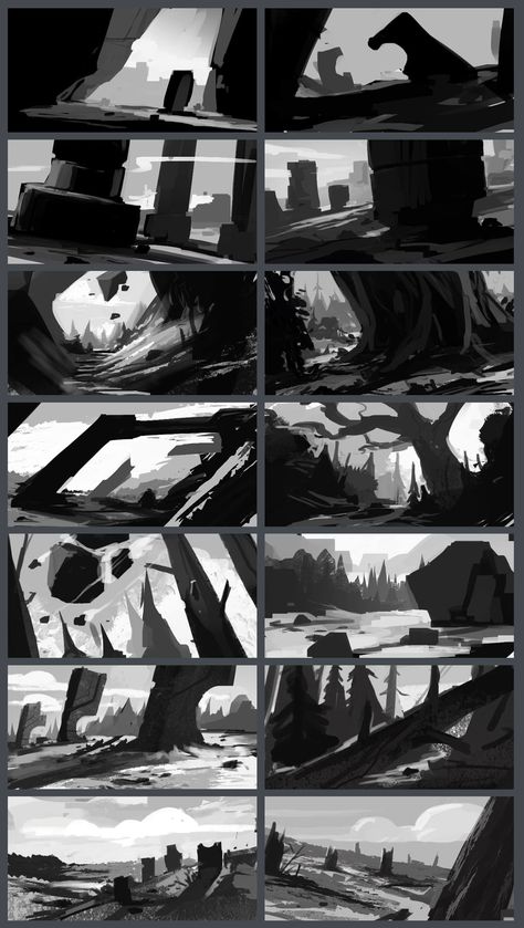 Tim Kaminski Environment Thumbnails, Environment Sketch, Game Font, Illustration Landscape, Environment Painting, Thumbnail Sketches, Concept Art Tutorial, Landscape Concept, 흑백 그림