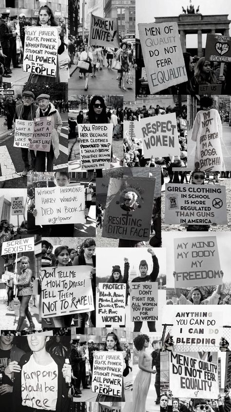 A collage composed of black and white images of women protesting for equality and against sexism. Leftist Aesthetic, Women Protesting Feminism, Feminism Aesthetic Wallpaper, Angry Feminist Aesthetic, Feminist Aesthetic Wallpaper, Aesthetic Wallpaper Women Power, Iphone Wallpaper Feminist, Liberal Aesthetic, Protest Collage