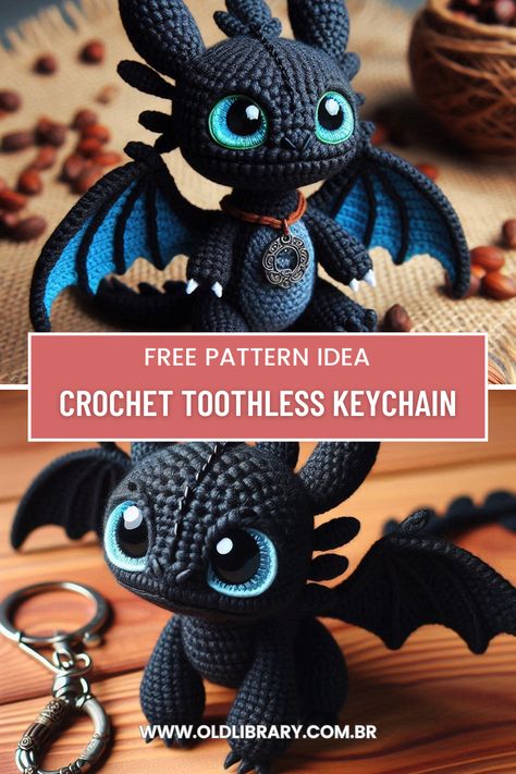 Learn how to crochet a cute dragon keychain with this detailed and fun amigurumi pattern, perfect for dragon fans. Crochet Toothless Dragon, Chattermax Crochet Pattern, Crochet Toothless Pattern, Crochet Dragon Ball Z Pattern, Toothless Free Crochet Pattern, Stitch And Angel Crochet Pattern, Crochet Mini Dragon Free Pattern, Crochet Dragon Keychain, Toothless Amigurumi Free Pattern