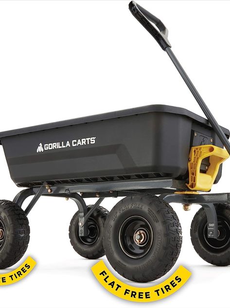 Patented quick-release dumping for easy unloading, tight-turning steering for maneuverability. Flat-free 10-inch tires handle tough terrain. Heavy-duty cart, 600-pound capacity, 35.2″ x 21.8″ bed. Hassle-free assembly, sturdy rust-resistant steel frame, easy-to-clean poly tub. Gorilla Cart, Knockout Roses Care, Best Gifts For Gardeners, Yard Cart, Dump Cart, Best Wagons, Folding Cart, Beach Wagon, Utility Wagon