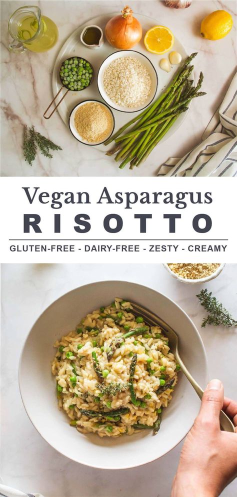 This Vegan Asparagus Risotto is a healthy and easy spring dinner your whole family will love. Light but creamy risotto made with Arborio rice or carnarolli rice and cooked in veggie broth with optional white wine. Served with sautéed asparagus and green peas. Great for a family dinner, a potluck, or meal prep. Definitely a great option for vegan Easter recipes! Nutpods Recipes, Dairy Free Risotto, Spring Risotto, Risotto With Asparagus, Vegan Dishes Easy, Vegan Asparagus, Asparagus And Peas, Vegan Easter Recipes, Asparagus Risotto