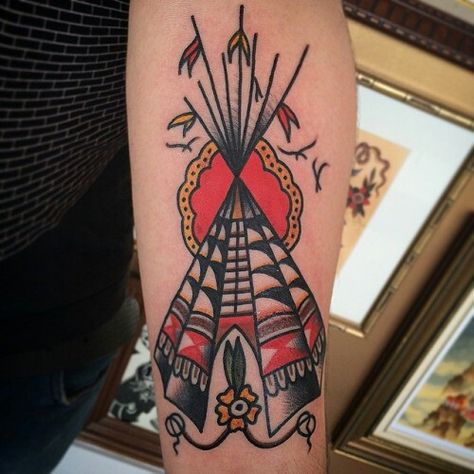 Teepee American Traditional Teepee Tattoo, Tee Pee Tattoo, Traditional Native American Tattoos, Preston Tattoo, Boho Dreadlocks, Indian Tattoos, Brother Sister Tattoo, Native American Tattoo, American Indian Tattoos