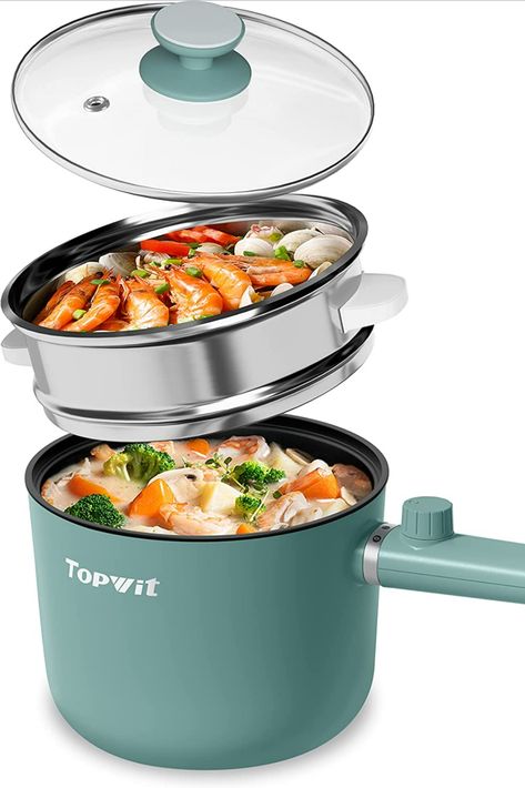 Topwit Electric Hot Pot with Steamer, 1.5L Ramen Cooker, Non-Stick Frying Pan, Electric Pot for Pasta, BPA Free, Electric Cooker with Dual Power Control, Over-Heating & Boil Dry Protection, Green Chinese Fondue, Ramen Cooker, Electric Pot, Electric Steamer, No Egg Pancakes, Electric Cooker, Steamed Vegetables, Camping Glamping, Slow Cookers