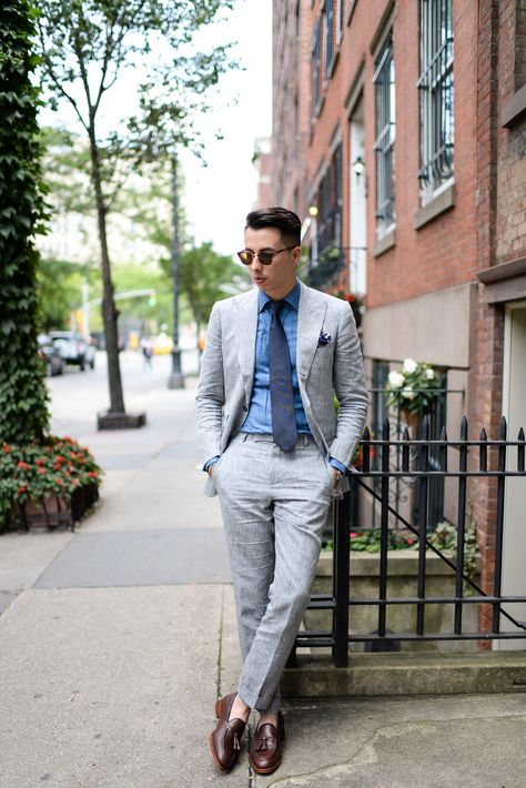 Light gray suit + navy tie + pocket square + tassel loafers Tassel Loafers Men Outfit, Elegant Semi-formal Wingtip Tassel Loafers, Classic Semi-formal Tassel Loafers, Black Loafers Outfit Men, Men’s Tassel Loafers Outfit, Light Gray Suit, Denim Tassel, Blake Scott, Black Loafers Outfit