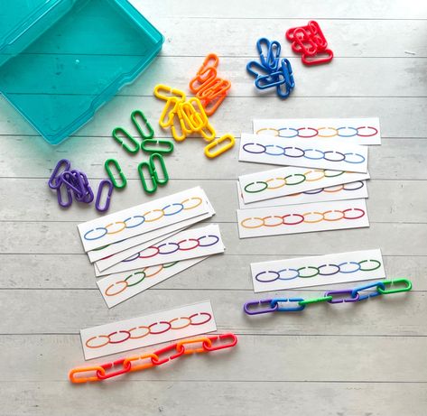 Colored Link Patterns Task Box Activity Set WHAT IS INCLUDED? 12 laminated pattern cards 36 plastic links (6 of each color) 1 plastic box (color will vary) HOW DO YOU USE IT? Create colorful patterns by creating chains using plastic links. WHO IS IT FOR? Parents, Teachers, Children, and Students!  Use these as quiet time activities, or work on them together. They can be great resources for learning centers or for early finishers.  Many Special Education teachers find these activities helpful to Simple Put In Task Boxes, Cheap Task Boxes, Play Doh Task Cards Free, Task Cards Preschool, Morning Busy Boxes Preschool, Quiet Preschool Activities, Teaching Patterns Preschool, Asd Activities Special Education, Quiet Boxes For Preschoolers