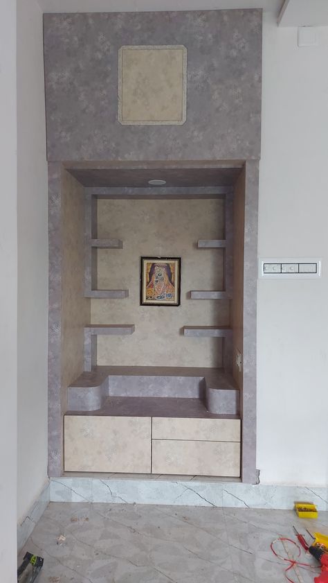 Stone Temple Design For Home, Pooja Cupboard Ideas Indian, Small Puja Room Ideas, Small Pooja Room Ideas, Puja Room Design Indian, Tv Shelf Design, Arch Designs For Hall, Wall Wardrobe Design, Room Color Combination