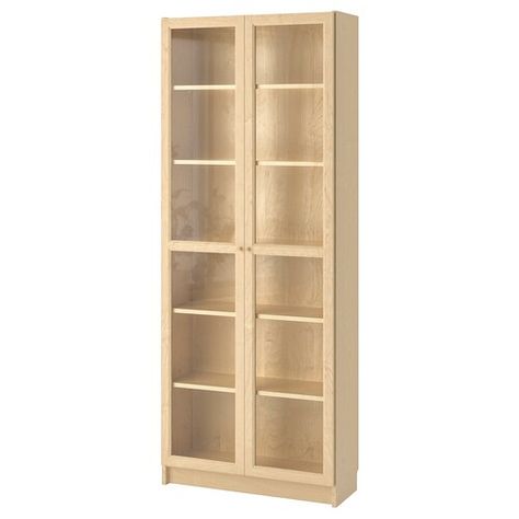 BILLY Bookcase - brown ash veneer - IKEA Billy Bookcase With Doors, Billy Oxberg Bookcase, Oxberg Bookcase, Billy Oxberg, Ikea Desk Hack, Bookcase With Glass Doors, Glass Display Case, Birch Veneer, Decor Shopping