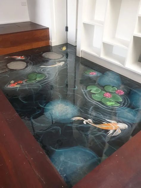 Resin Pond, Epoxy Floor Designs, Epoxy Floor 3d, Indoor Mural, Resin Driveway, Resin Floor, Creative Flooring, Sunken Living Room, Floor Murals