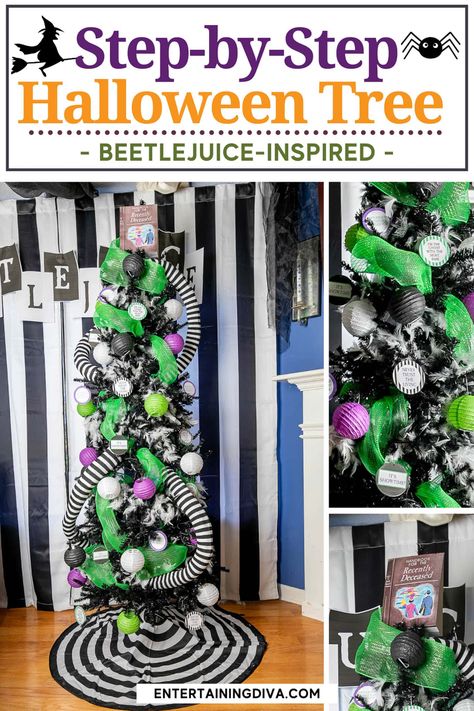 Beetlejuice Halloween Tree | Beetlejuice Party Halloween Christmas Tree Diy, Haunted Wonderland, Easy Diy Ornaments, Diy Halloween Tree, Beetlejuice Party, Unique Tree Toppers, Halloween Tree Decorations, Haunted Tree, Beetlejuice Halloween