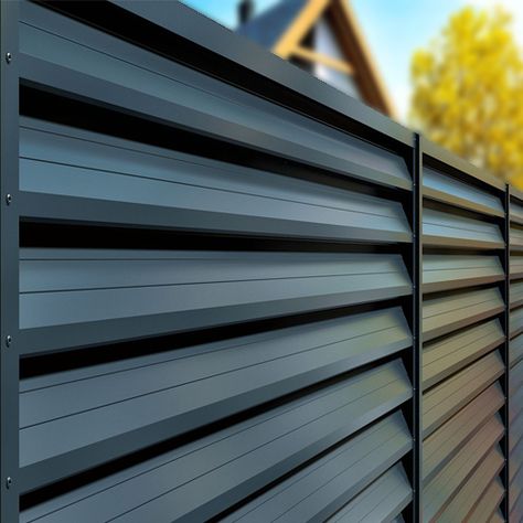 Galvanized Metal Fence, Louvered Fence, Horizontal Fence Ideas, Modern Wood Fence, Steel Fence Panels, Home Fence, Pool Safety Fence, Landscape Fence, Diy Backyard Fence