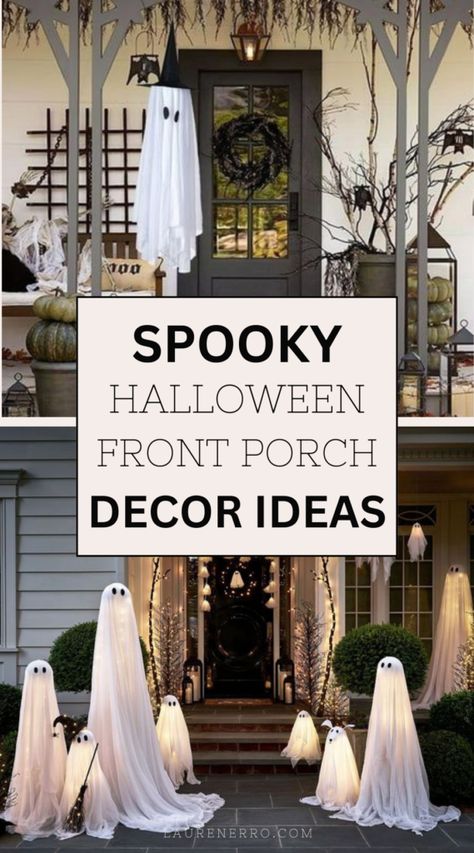 18 Spooky Halloween Front Porch Decor Ideas - Lauren Erro Haunted House Porch Ideas, Halloween Porch Columns, Outdoor Halloween Decorations Front Porch, Front Patio Halloween Decor, Spooky Porch Decor, Victorian Halloween Decorations Outdoor, Easy Halloween Front Porch Decorations, Decorate Front Porch For Halloween, Easy Front Porch Halloween Decor