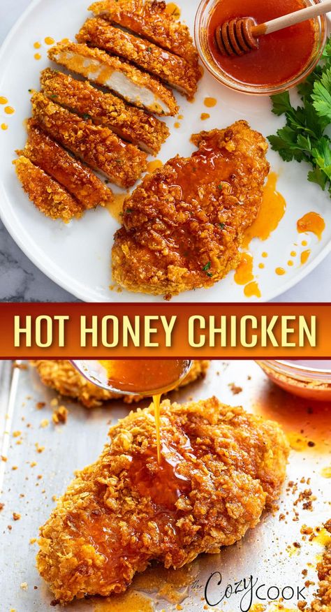 This Hot Honey Chicken is oven baked to crispy perfection and drizzled with sweet and spicy Hot Honey Sauce! This is an easy dinner idea for kids and adults and pair well with rice! Dinner Idea For Kids, Honey Chicken Breast, Hot Honey Sauce, Hot Honey Recipe, Hot Honey Chicken, Honey Chicken Recipe, Cozy Cook, Simple Cookie, Funny English