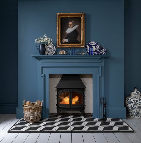 1930 House Renovation, 1930 House, Blue Fireplace, Fireplace Tiles, Fireplace Tile Surround, Tile Trends, Traditional Fireplace, Fireplace Hearth, Blue Living Room