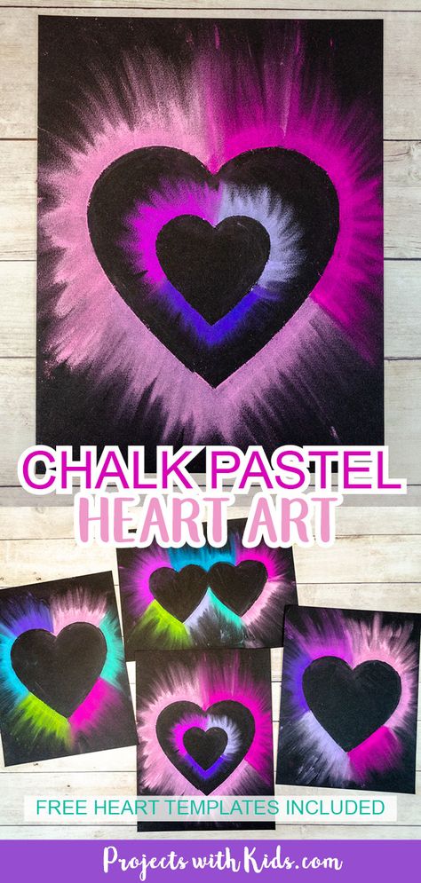 Chalk pastel heart art using heart templates and a smudging technique for kids to make. Quick Art Projects For Kids, Heart Art For Kids, Diy Valentine's Crafts, February Art Projects, Valentines Art Lessons, Valentines Art For Kids, Card For Love, Make A Paper Flower, Heart Art Projects