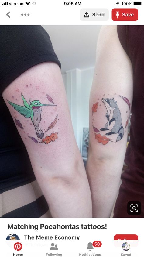 Disney Duo Tattoos, Matching Disney Tattoos For Best Friends, Disney Best Friend Tattoos, Pocahontas Tattoos, Pocahontas Tattoo Ideas, Disney Matching Tattoos, Disney Tattoos Pocahontas, Disney Sister Tattoos, Matching Disney Tattoos