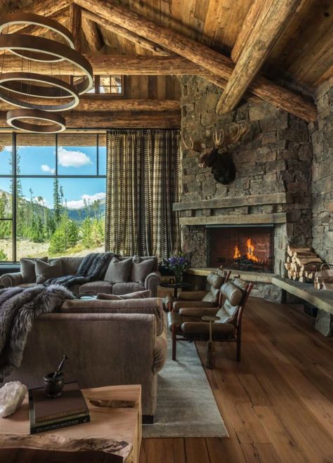 Modern Rustic Home Design-Pearson Design Group-02-1 Kindesign Great Room Ideas, Cabin Great Room, Cabin Interior Design, Log Cabin Interior, Rustic Home Interiors, Modern Rustic Homes, Rustic Fireplaces, Cabin Interiors, Rustic Home Design