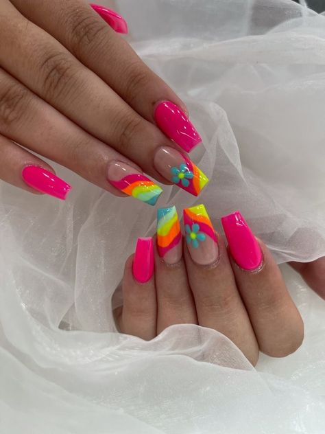 Summer Nails Bright Colors Art Designs, Vacation Summer Nails 2023, Mexico Nail Art Designs, Summer Neon Acrylic Nails, Neon Nail Ideas Summer Pink, Bright Green Nails Designs Summer, Neon Pink And Yellow Nails Art Designs, Pink Orange Green Nails, Neon Pink Yellow Nails