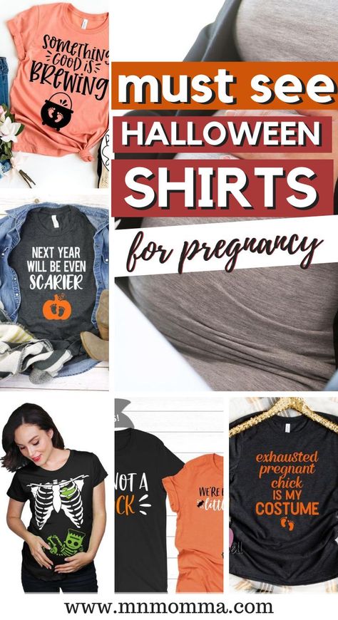 Halloween T-shirts for Pregnant Women. If you've been looking for a great way to dress up for Halloween - these maternity shirts are perfect! Whether it's for couples or just for an expecting mom herself, you'll love these festive Halloween and fall tshirts. If you're looking for a pregnancy Halloween costume - these also make for great, easy costume ideas! And the best part? They're super comfortable! #pregnancy #halloween #maternityshirt #costumeideas Shirts For Pregnant Women, Halloween Pregnancy Shirt, Pregnant Halloween Costumes, Pregnancy Weight Gain, Maternity Shirts, Pregnant Halloween, Halloween T Shirts, Breastfeeding And Pumping, Easy Costumes