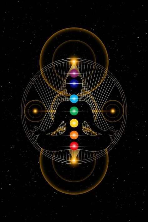 Buddha over gold Sacred Geometry with colorful chakras. Seven chakras, energy body and Yogi meditating in the lotus position. Vector isolated on glowing starry black background Yogi Meditating, Body Chakras, Chakra Healing Meditation, Chakra Art, Pagan Art, Gold Mandala, Seven Chakras, Black Wallpaper Iphone, Healing Meditation