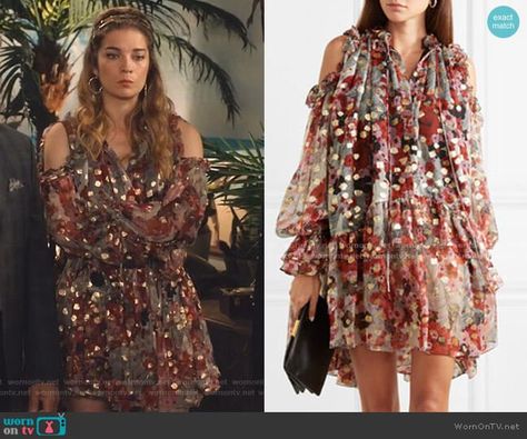 Alexis’ metallic cold-shoulder chiffon dress on Schitts Creek.  Outfit Details: https://wornontv.net/179382/ #SchittsCreek Alexis Schitts Creek Outfits, Alexis And David Schitts Creek Costume, Alexis Rose Schitts Creek Fashion, Alexis Outfits, Alexis Quotes Schitts Creek, Alexis Rose Sequin Dress, Annie Murphy, Alexis Rose, Ew David