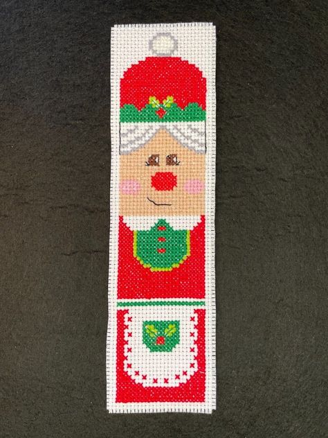 Christmas Bookmark - Mrs. Claus - Completed Cross Stitch - FREE Shipping Bookmark Crochet Tutorial, Bookmark Easy, Christmas Bookmark, Bookmark Crochet, Moon Cross Stitch, Yarn Hanging, Cross Stitch Hoop, Christmas Bookmarks, Christmas Yarn