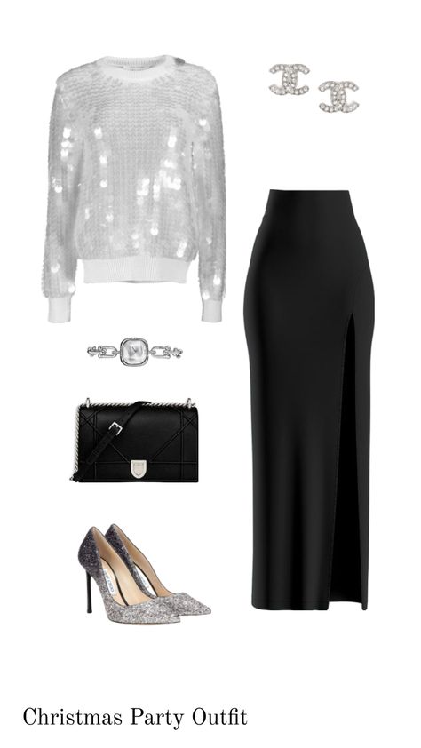 Christmas Party Outfit: white sequins sweater, black a-line skirt and black accessories Party Outfit White, Office Christmas Party Outfit, Party Outfit Winter, Sequins Sweater, Black A Line Skirt, Winter Party Outfit, Office Christmas Party, Christmas Party Outfit, Black Jeans Outfit