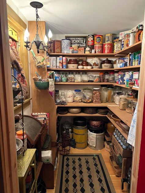 Pantry With Curtain Door, Basement Pantry Ideas Food Storage, Homestead Pantry Design, House Interior Pantry, Hobbit Pantry, Root Cellar Ideas, Cottage Pantry, Food Shelves, Canning Pantry