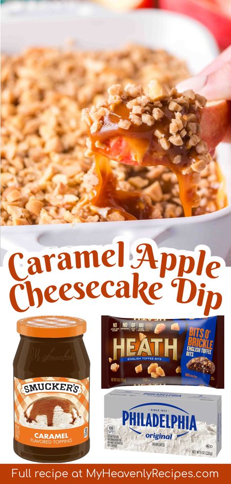 Caramel Apple Cheesecake Dip- easy caramel apple dip dessert treat idea. Great thanksgiving dessert idea for a potluck or big party. Double the recipe! Cream cheese layered dessert caramel sauce toffee bits etc. easy fall dessert recipe idea. low ingredient dessert Toffee Cheesecake Dip, Cheesecake Caramel Dip, Caramel Cheesecake Apple Dip, Apple Pie Cheesecake Dip, Toffee Caramel Cheesecake Dip, Carmel Apple Treats, Fall Food For Potluck, Cream Cheese Apple Dip Toffee Bits, Apple Dip With Toffee Bits