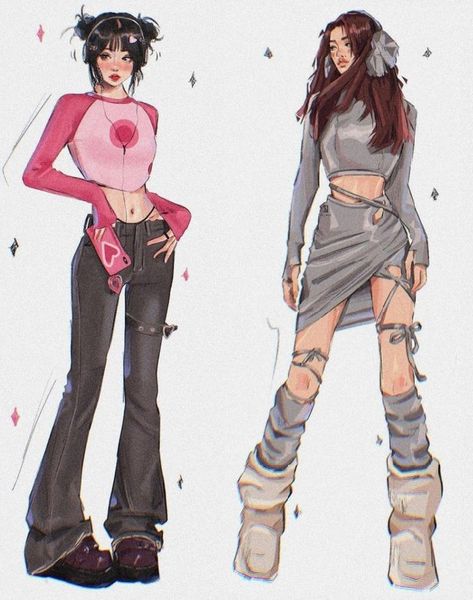 Character Art Y2k, Y2k Art Style Drawing Sketch, Y2k Clothes Drawing, Y2k Outfits Drawing, Y2k Sketches, Short Bleached Hair, Κούρεμα Bob, Comic Style Art, Fishtail Braid